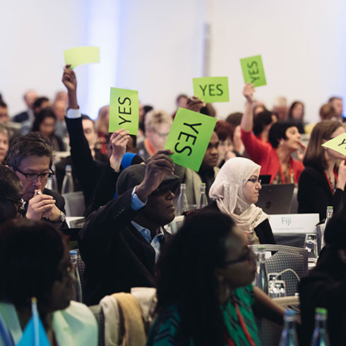 Photograph of members voting at World Physiotherapy general meeting